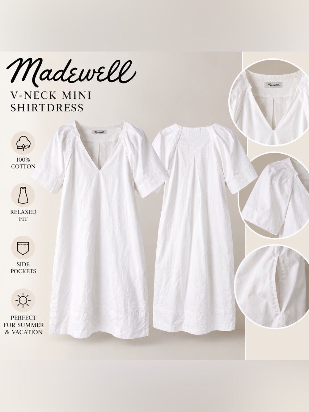 NWT Madewell V-Neck Mini Shirtdress Eyelet White Size S Cotton Pockets